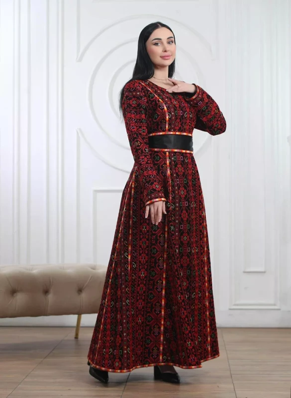 Embroidered Thobe Red Tatreez Palestinian Traditional Heritage Dress Long Sleeve