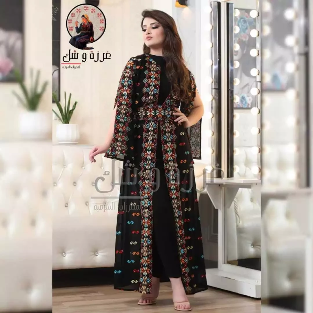 Embroidered Bisht For Women Mix Color Traditional Tatreez Abaya Chiffon Black