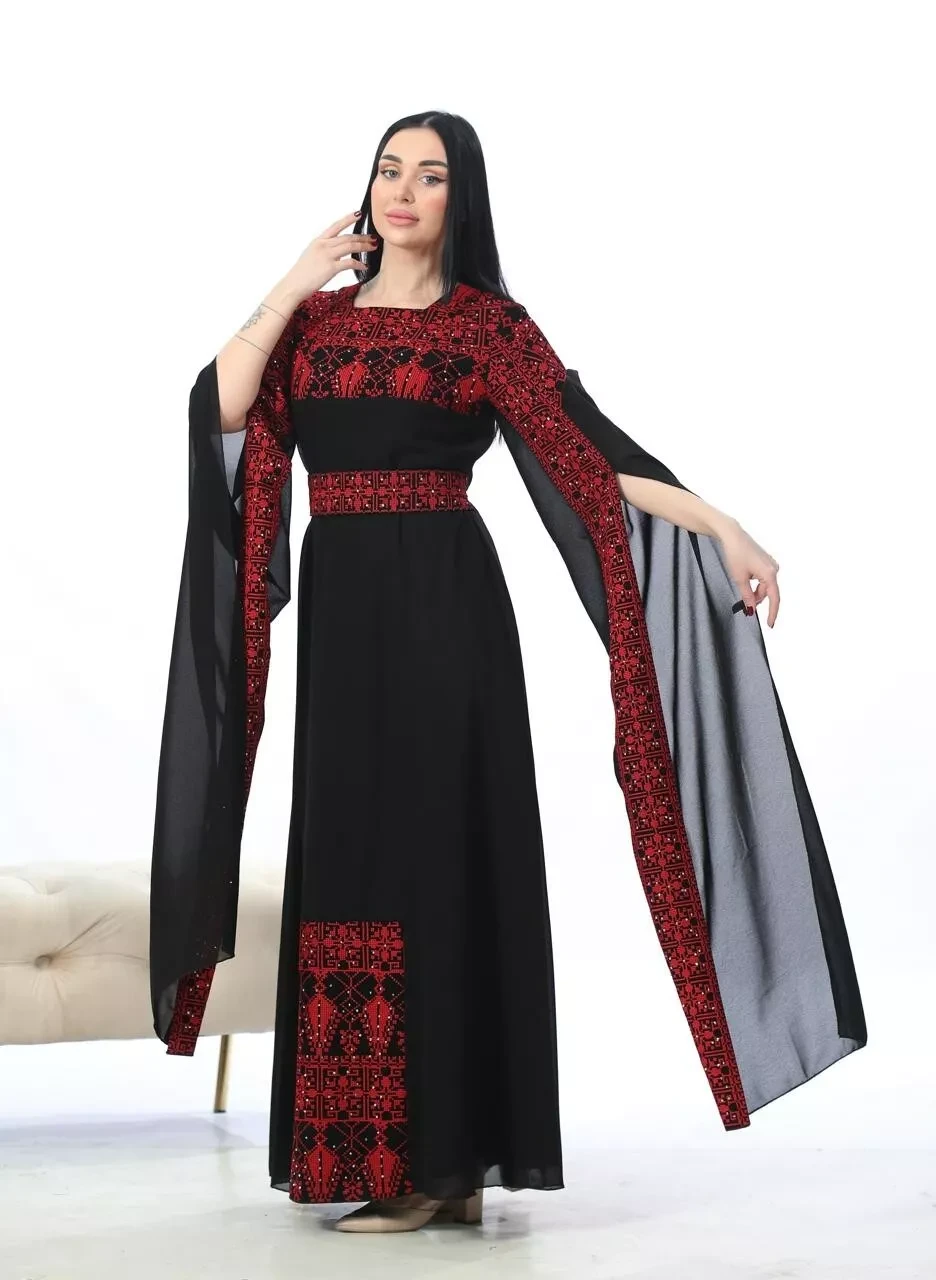 Women Palestinian Embroidered Kaftan Black Open Sleeves Tatreez Henna Style