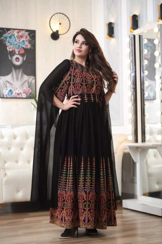 Women Palestinian Embroidered Kaftan TATREEZ Traditional Open Sleeves Henna