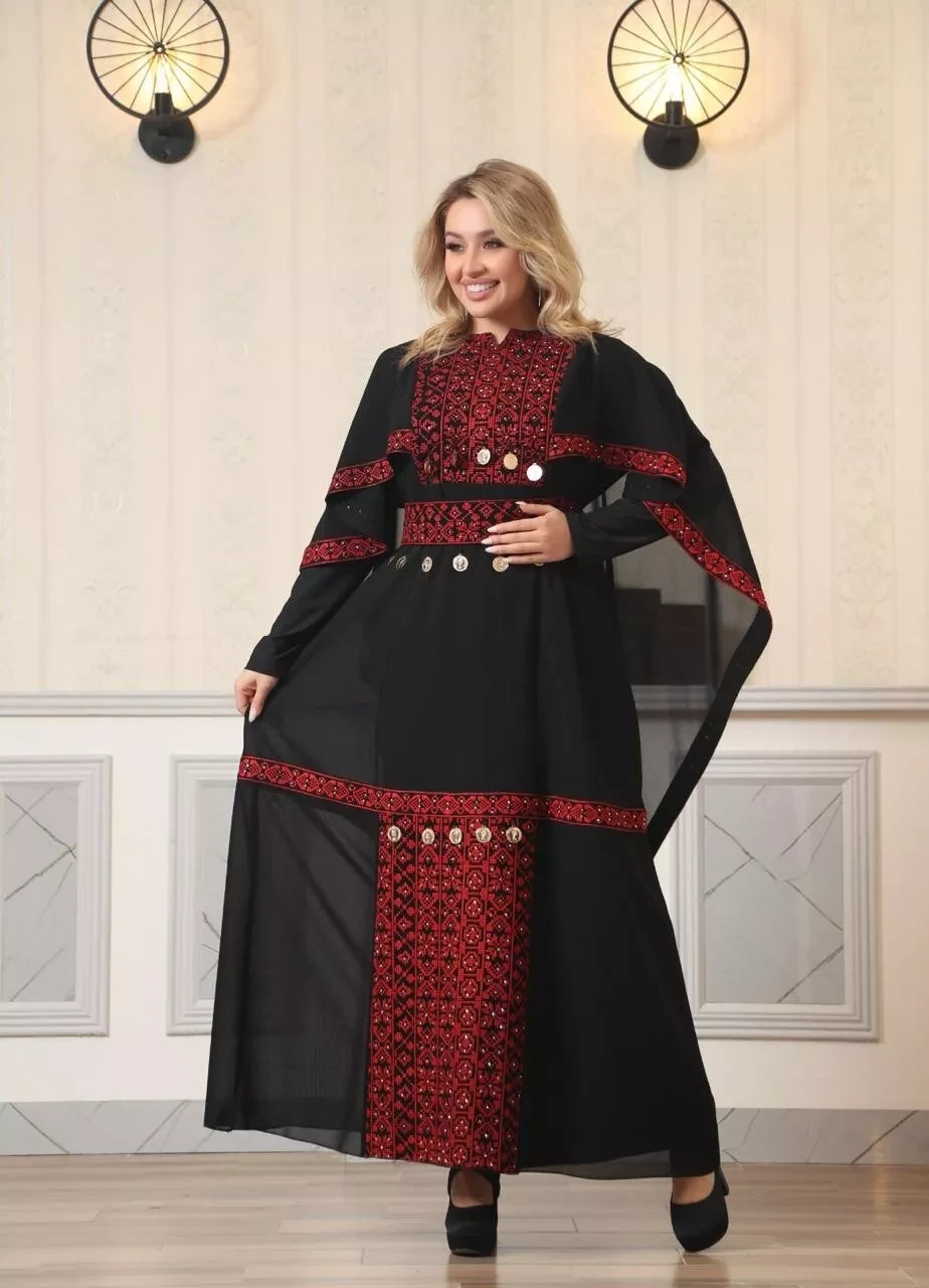 Women Palestinian Embroidered Kaftan Long Sleeve Tatreez Henna Style